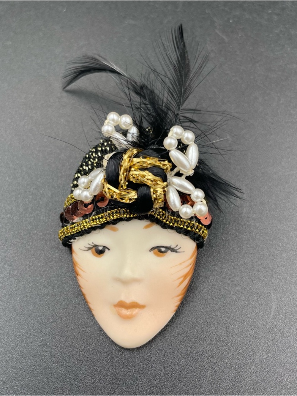 Ceramic Woman Face Flapper Beaded Hat Brooch Unmarked
